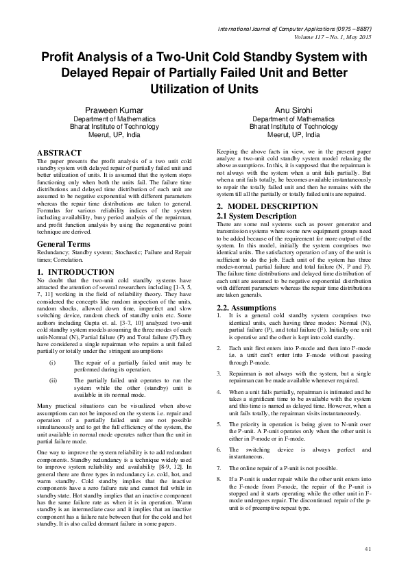 (PDF) Profit Analysis of a Two-Unit Cold Standby System with Delayed ...