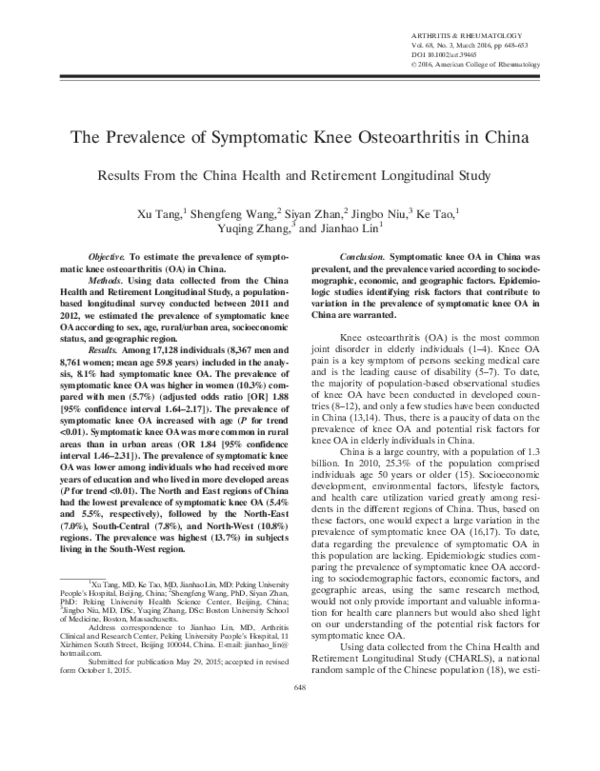 (PDF) The prevalence of symptomatic knee osteoarthritis in China ...