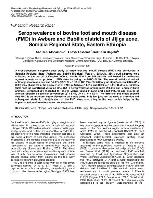 (PDF) Seroprevalence of bovine foot and mouth disease (FMD) in Awbere ...