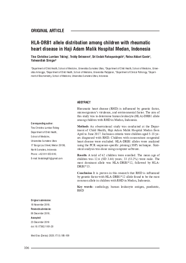 (PDF) HLA-DRB1 allele distribution among children with rheumatic heart ...