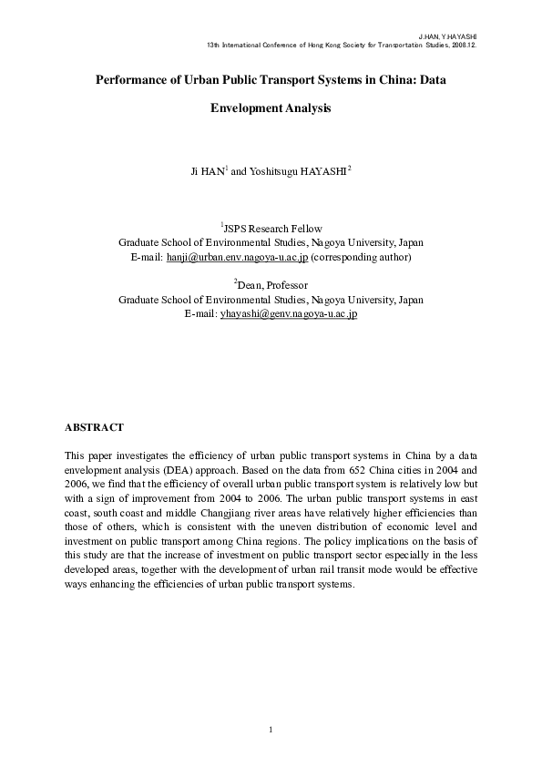 (PDF) Performance of Urban Public Transport Systems in China : Data ...