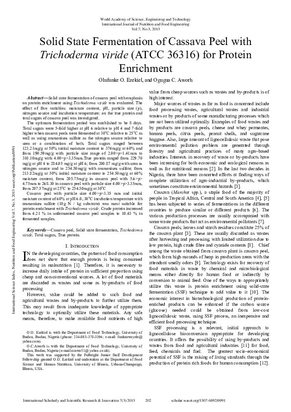 (PDF) Solid State Fermentation of Cassava Peel with Trichoderma viride ...