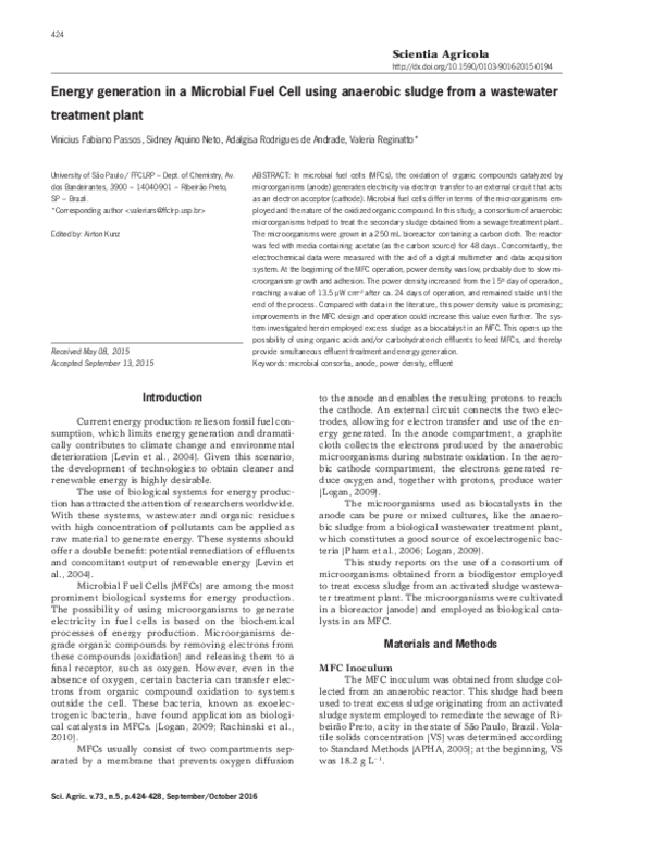 (PDF) Energy generation in a Microbial Fuel Cell using anaerobic sludge ...