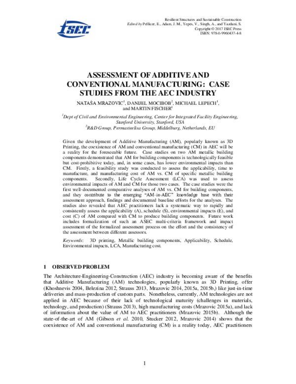 (PDF) Assessment of Additive and Conventional Manufacturing: Case ...