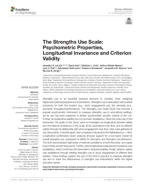 (PDF) The Strengths Use Scale: Psychometric Properties, Longitudinal ...
