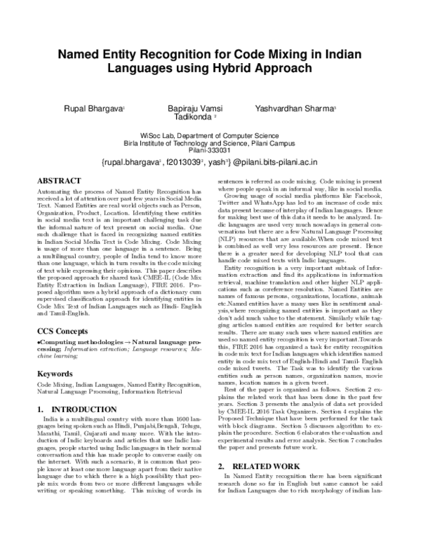 (PDF) Named Entity Recognition for Code Mixing in Indian Languages ...