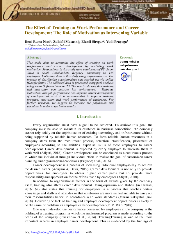 (PDF) The Effect of Training on Work Performance and Career Development ...