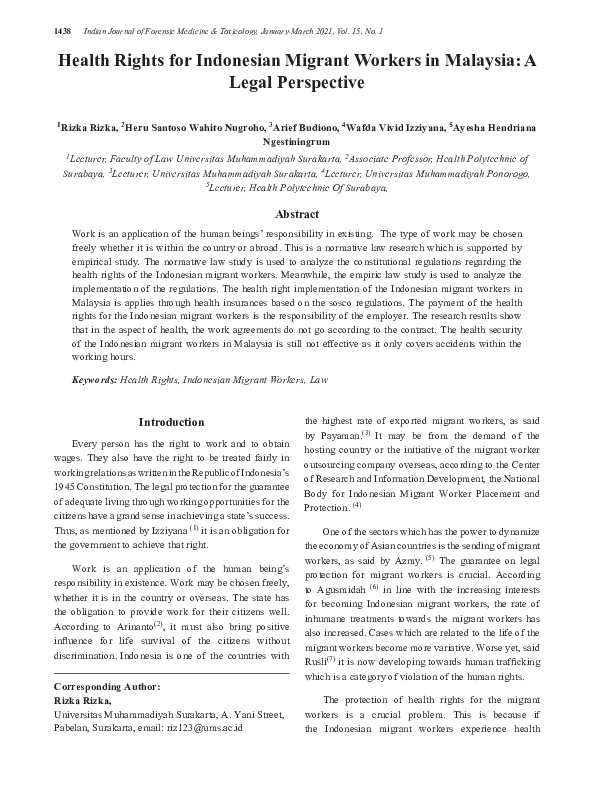 (PDF) Health Rights for Indonesian Migrant Workers in Malaysia: A Legal ...