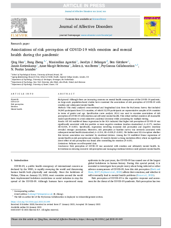 (PDF) Associations of risk perception of COVID-19 with emotion and ...