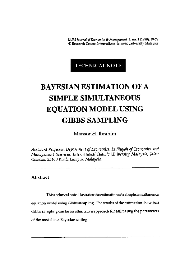 (PDF) Bayesian Estimation of a Simple Simultaneous Equation Model Using ...