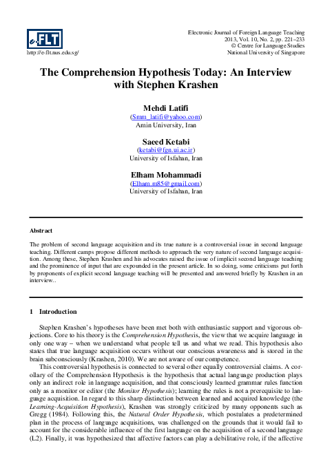 (PDF) The Comprehension Hypothesis Today : An Interview with Stephen ...
