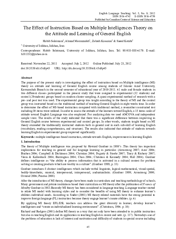 (PDF) The Effect of Instruction Based on Multiple Intelligences Theory ...