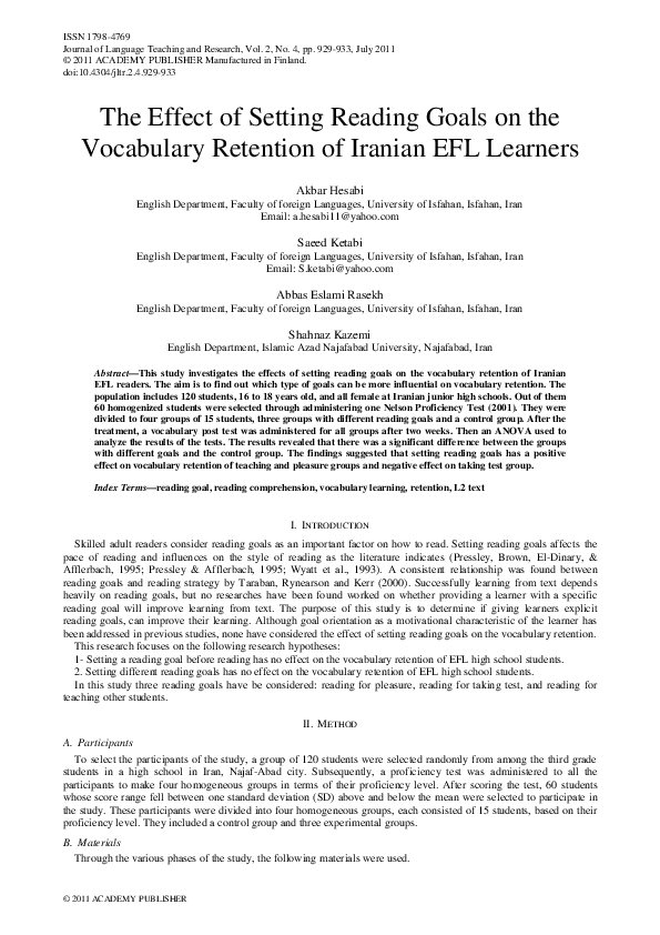 (PDF) The Effect of Setting Reading Goals on the Vocabulary Retention ...