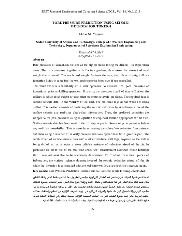 (PDF) Pore Pressure Prediction Using Seismic Methods for TOKER-1