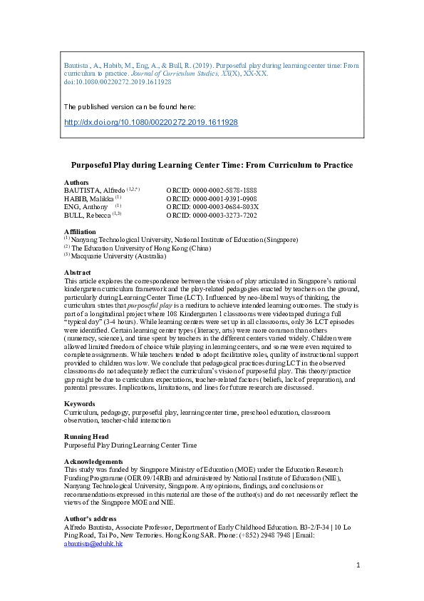 (PDF) Purposeful Play during Learning Center Time: From Curriculum to ...