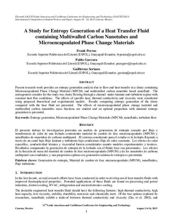 (PDF) A Study for Entropy Generation of a Heat Transfer Fluid ...