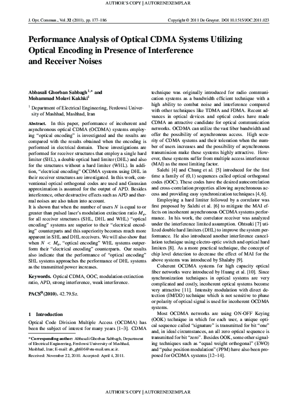 (PDF) Performance Analysis of Optical CDMA Systems Utilizing Optical ...
