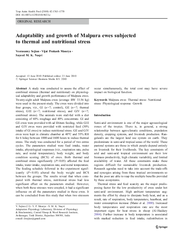 (PDF) Adaptability and growth of Malpura ewes subjected to thermal and