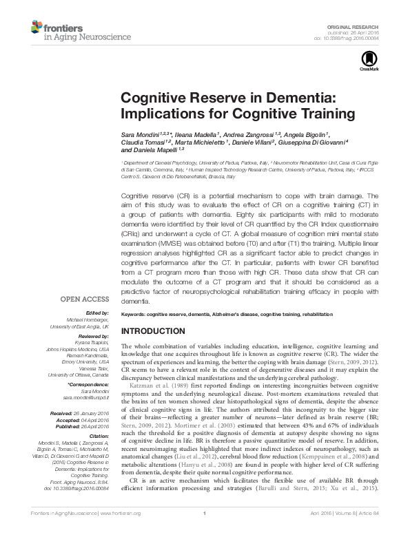 (PDF) Cognitive Reserve in Dementia: Implications for Cognitive Training