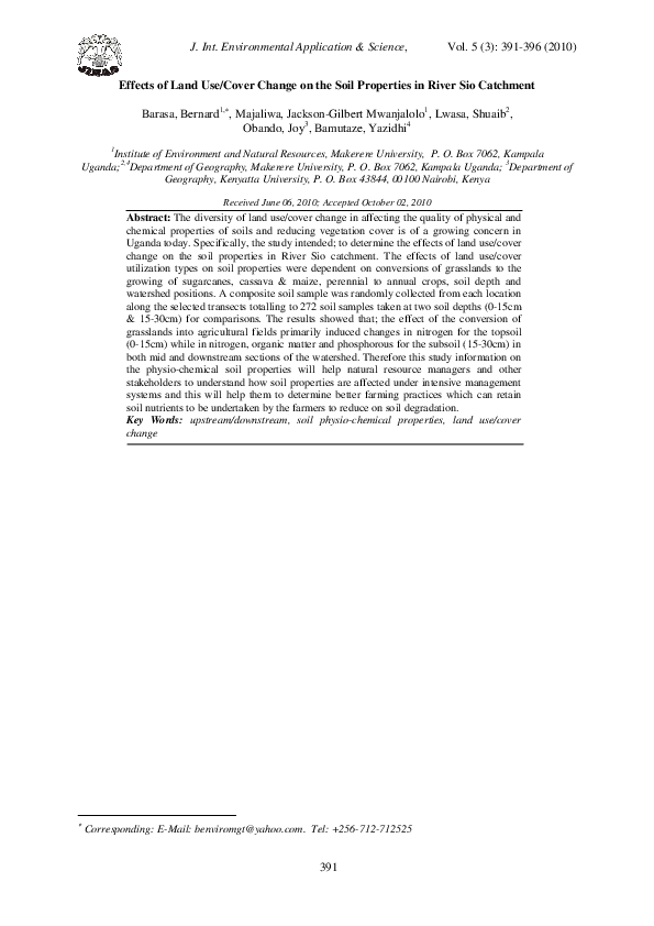 (PDF) Effects of land use/cover change on the soil properties in River ...
