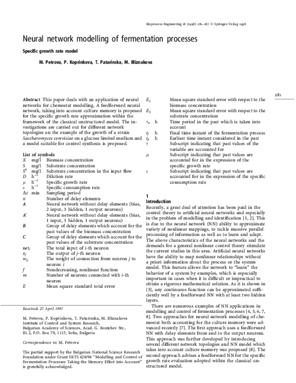 (PDF) Neural network modelling of fermentation processes