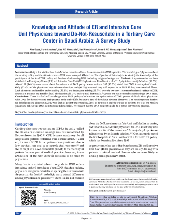 (PDF) Knowledge and Attitude of ER and Intensive Care Unit Physicians ...