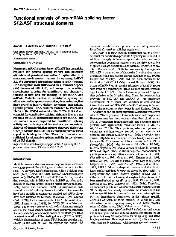 (PDF) Functional analysis of pre-mRNA splicing factor SF2/ASF ...