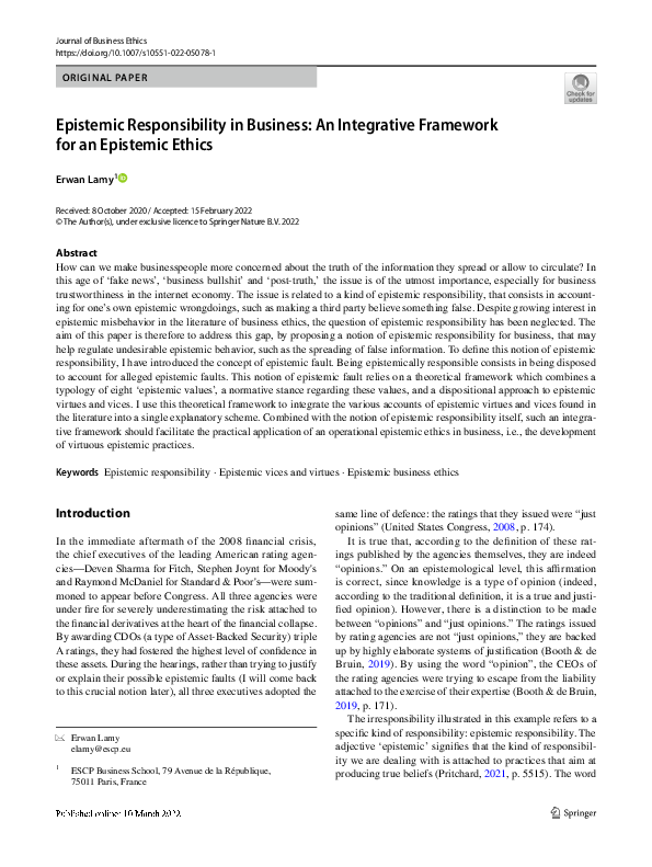 (PDF) Epistemic Responsibility in Business: An Integrative Framework ...