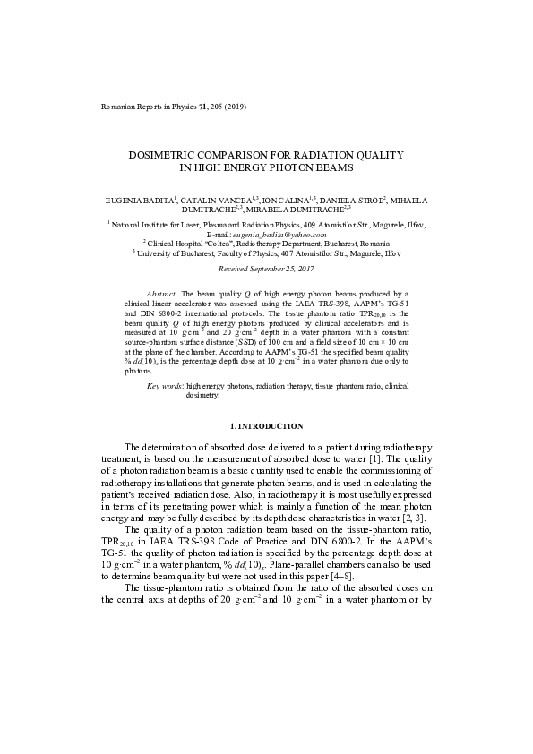(PDF) Dosimetric Comparison for Radiation Quality in High Energy Photon ...
