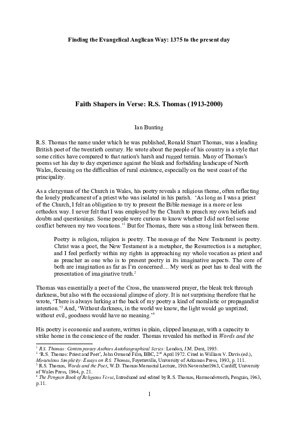 (DOC) R.S. Thomas (1913-2000): Faith Shaper in Verse
