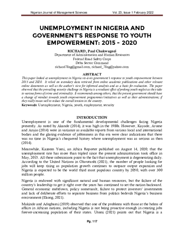 (PDF) UNEMPLOYMENT IN NIGERIA AND GOVERNMENT'S RESPONSE TO YOUTH ...