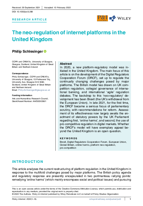 (PDF) The neo-regulation of internet platforms in the United Kingdom