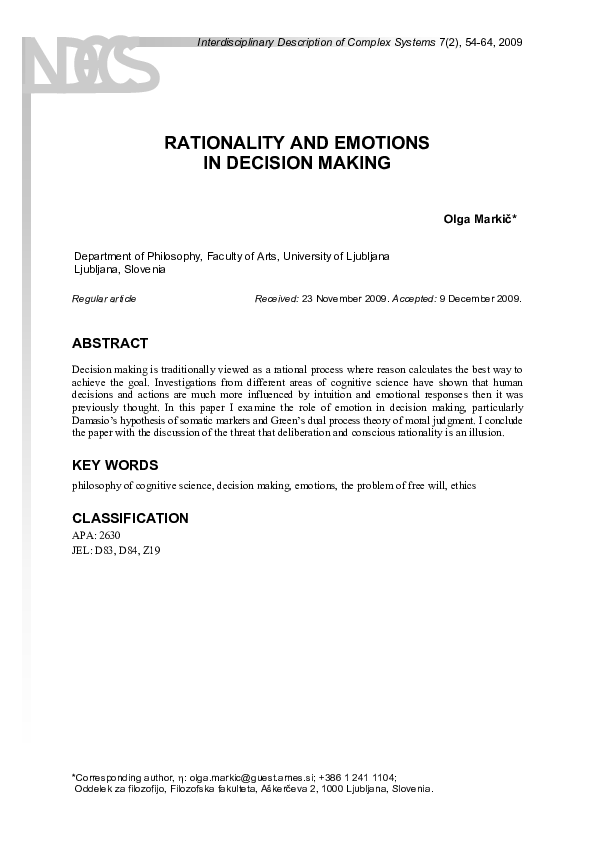 (PDF) Rationality and Emotions in Decision Making