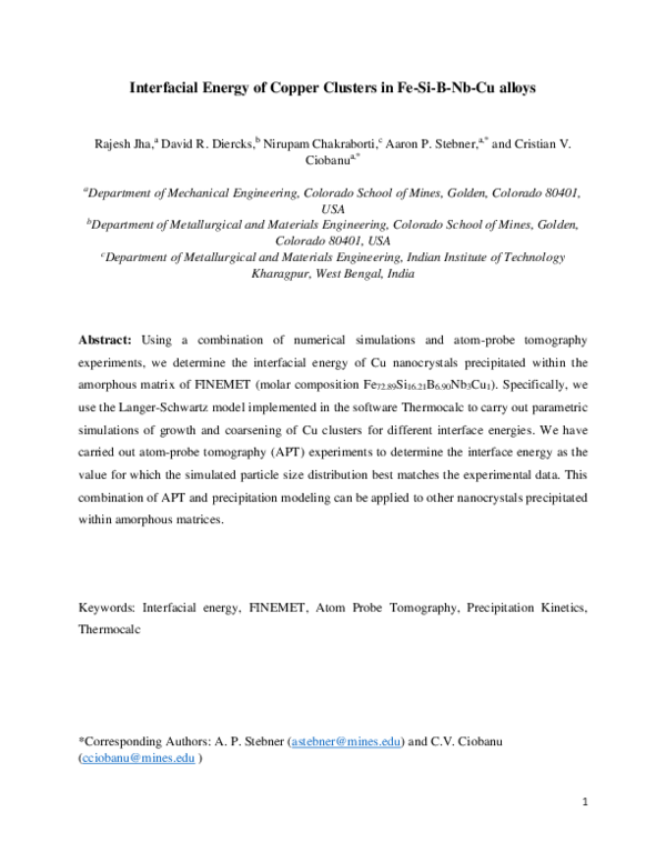 (PDF) Interfacial energy of copper clusters in Fe-Si-B-Nb-Cu alloys