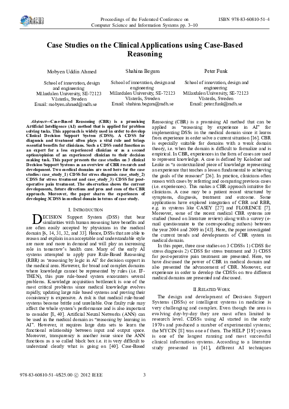 (PDF) Case studies on the clinical applications using case-based reasoning