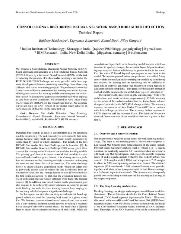 (PDF) CONVOLUTIONAL RECURRENT NEURAL NETWORK BASED BIRD AUDIO DETECTION ...