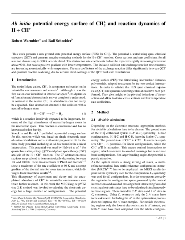 (PDF) Ab initio potential energy surface of CH+ 2 and reaction dynamics ...
