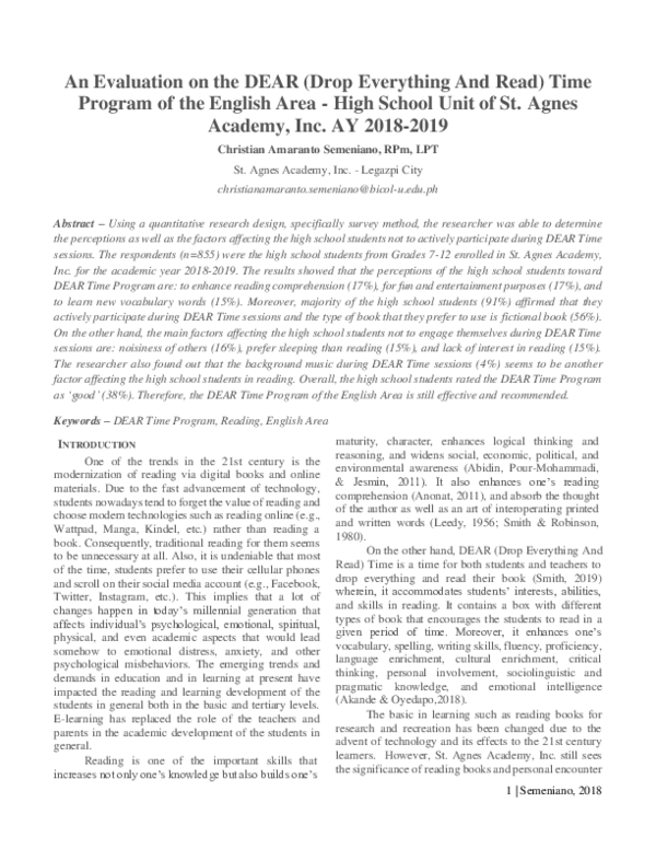 (PDF) An Evaluation on the DEAR (Drop Everything And Read) Time Program ...