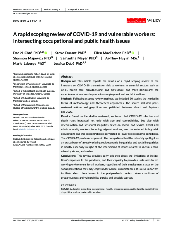 (PDF) A rapid scoping review of COVID‐19 and vulnerable workers ...