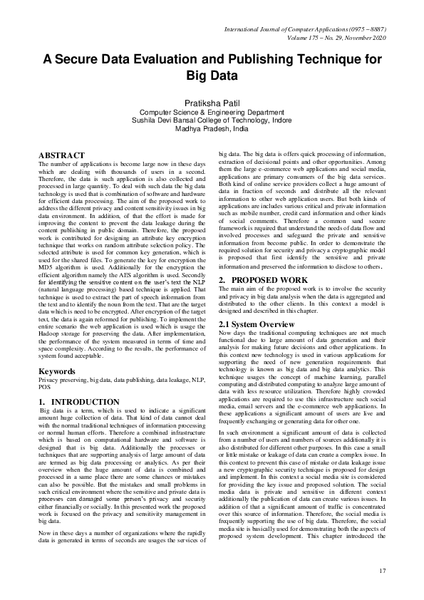 (PDF) A Secure Data Evaluation and Publishing Technique for Big Data