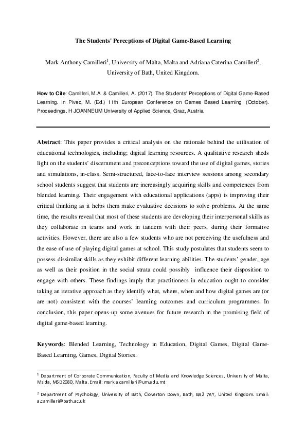 (PDF) The students' perceptions of digital game-based learning