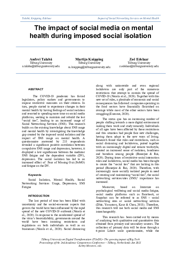(PDF) The impact of social media on mental health during imposed social ...
