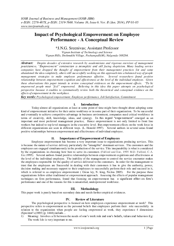 (PDF) Impact of Psychological Empowerment on Employee Performance - A ...