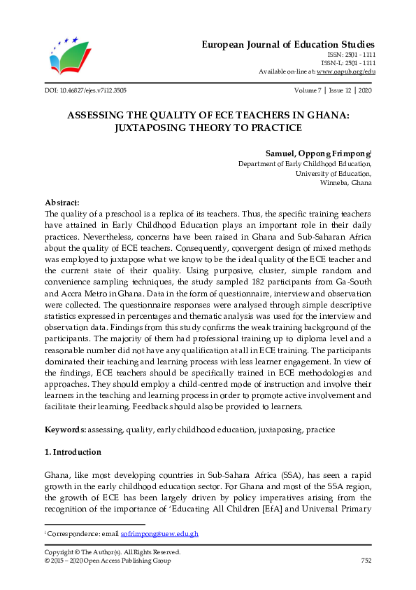 (PDF) Assessing the quality of ECE Teachers in Ghana