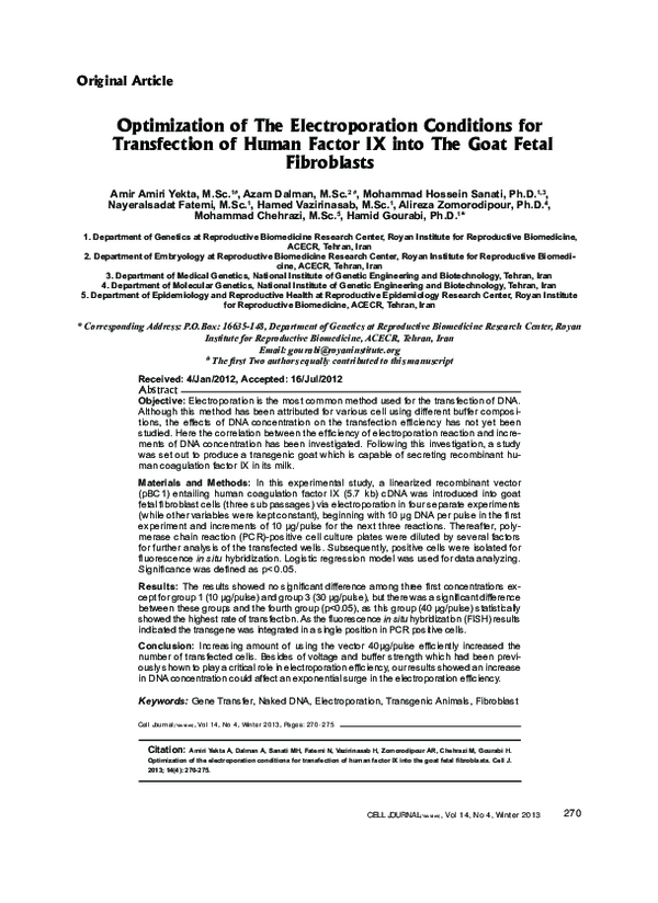 (PDF) Optimization of The Electroporation Conditions for Transfection ...