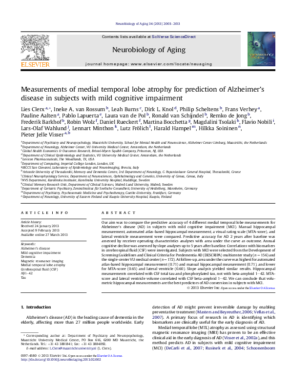 (PDF) Measurements of medial temporal lobe atrophy for prediction of ...