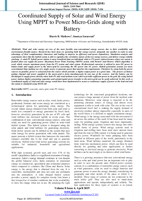(PDF) Coordinated Supply of Solar and Wind Energy Using MPPT to Power MicroGrids along with