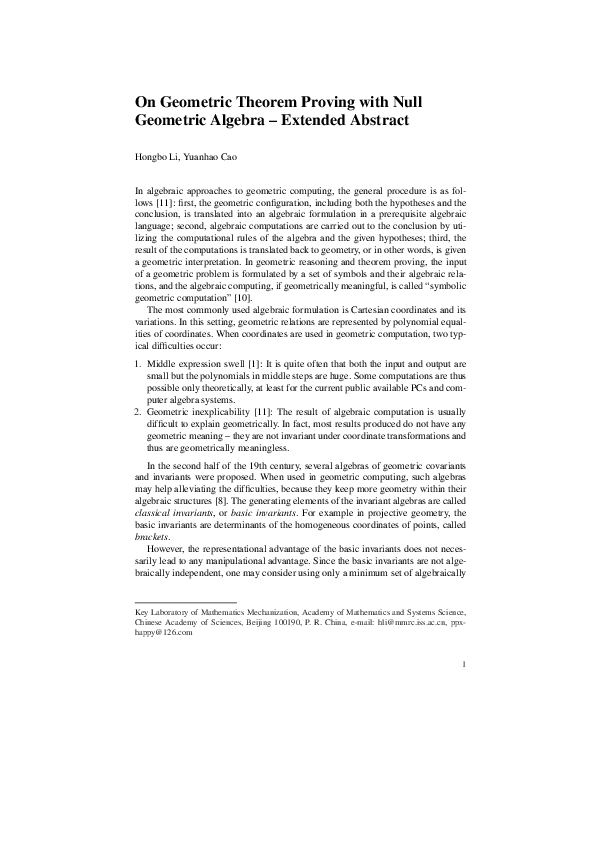 (PDF) On Geometric Theorem Proving with Null Geometric Algebra