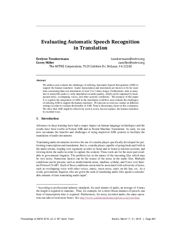 (PDF) Evaluating Automatic Speech Recognition in Translation
