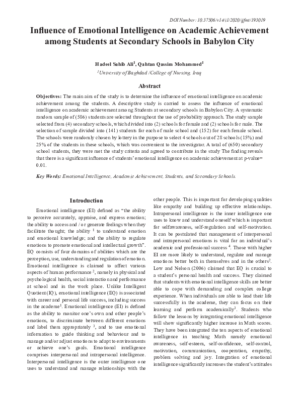 (PDF) Influence of Emotional Intelligence on Academic Achievement among ...